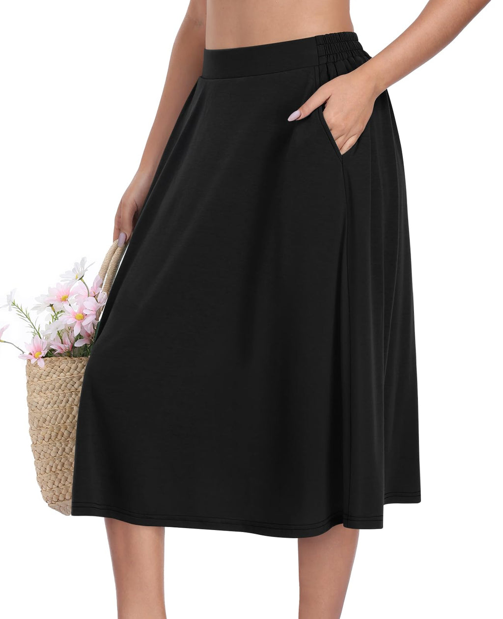 Flowy Midi A Line Skirt, Elastic High Waisted Casual Skirt with Pockets for Summer
