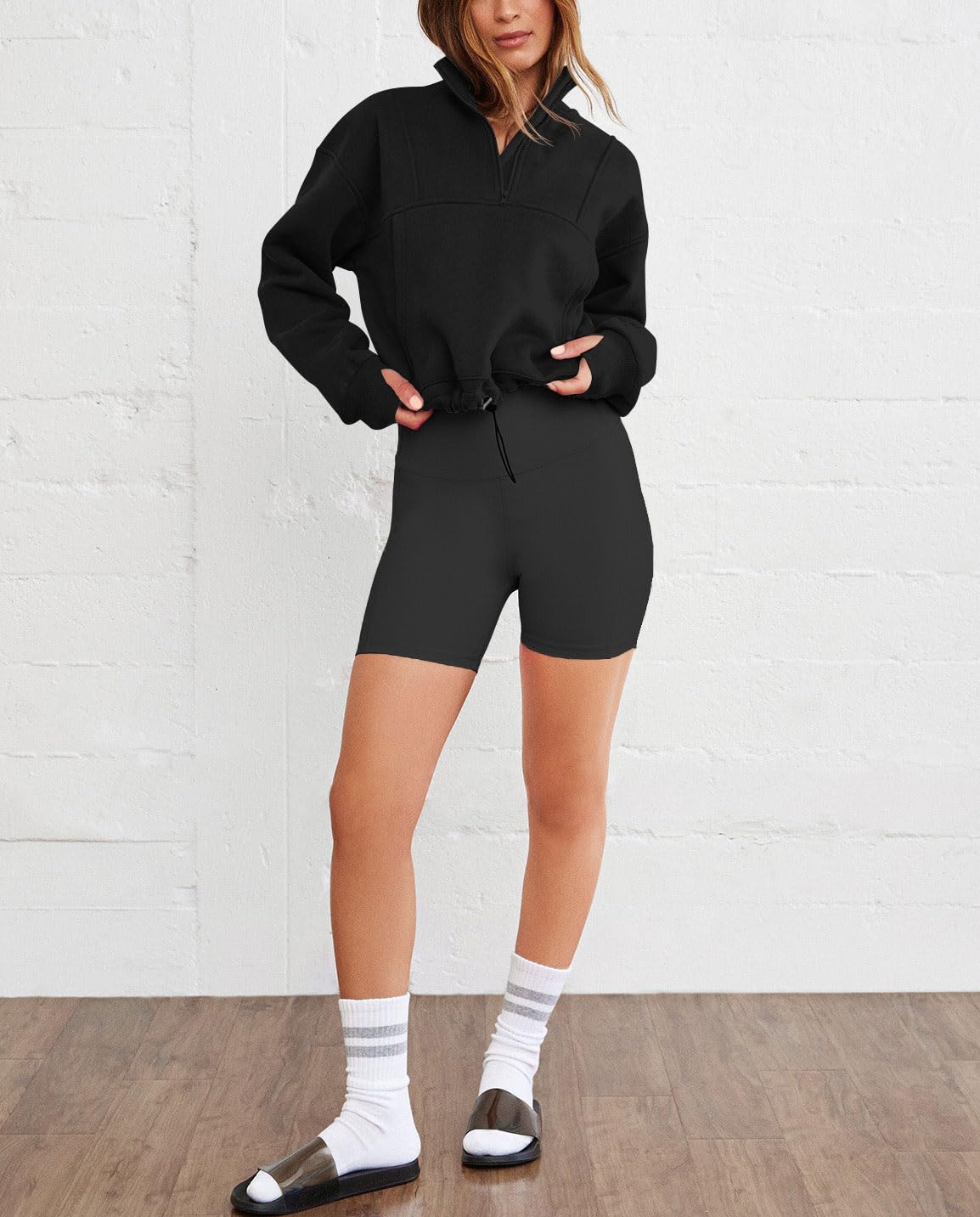 Half Zip Cropped Hoodie with Thumb Holes, Oversized V Neck Pullover with Drawstring Waistband