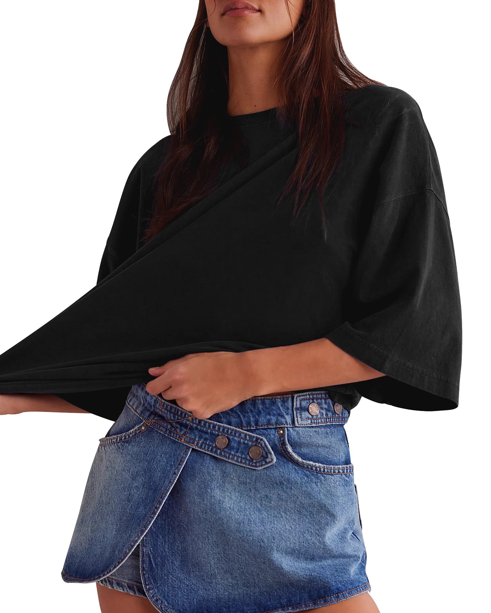 Boxy Crew Neck Cotton Tee – Loose Fit, All-Season Layering Basic, Plus Size Available