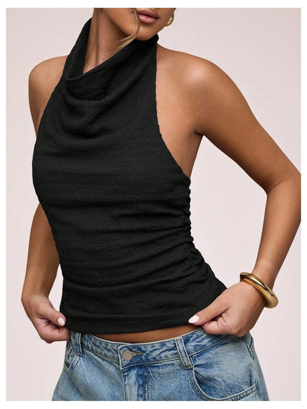 Backless Halter Ruched Top – Fitted Knit, Sleeveless Rave & Date Night Essential
