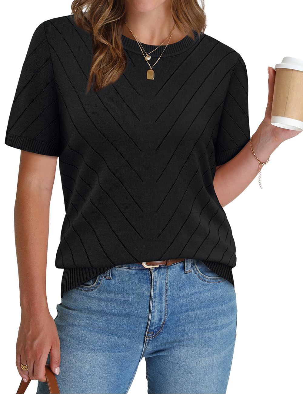 Short Sleeve Crew Neck Sweater, Lightweight Viscose Knit for Business Casual Summer