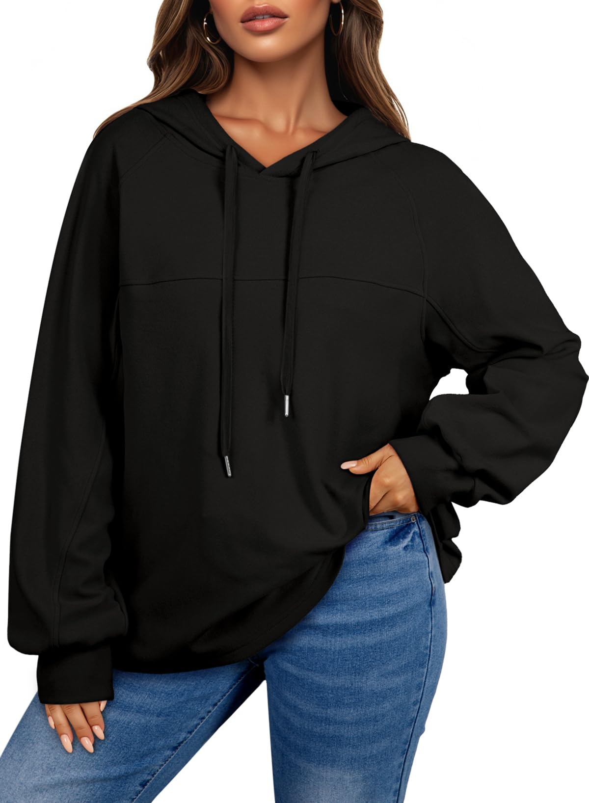 Lightweight Knit Hoodie, Oversized Long Sleeve Pullover with Drawstring Hood