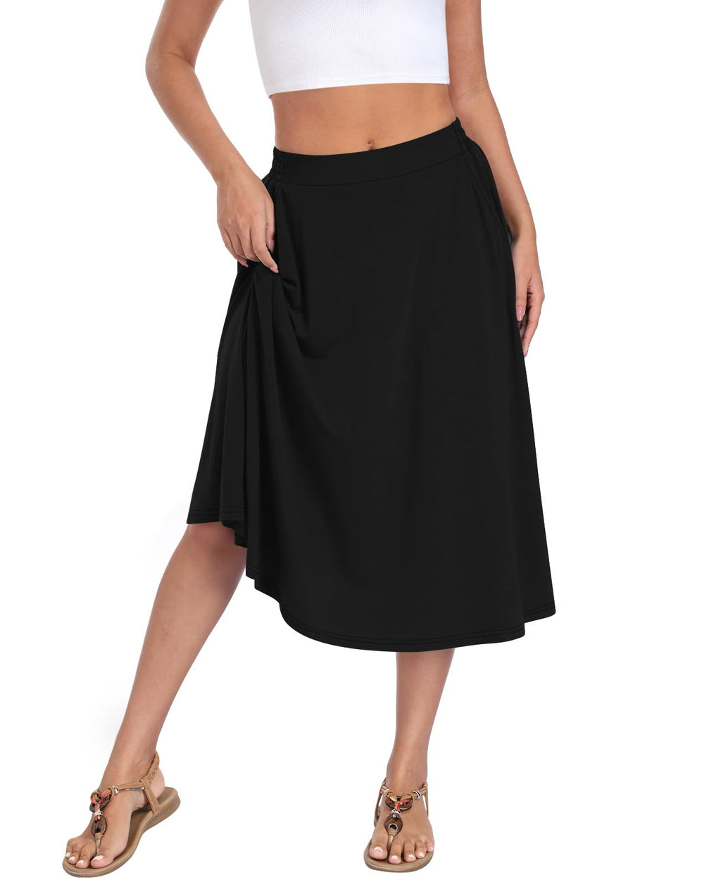 Flowy Midi A Line Skirt, Elastic High Waisted Casual Skirt with Pockets for Summer