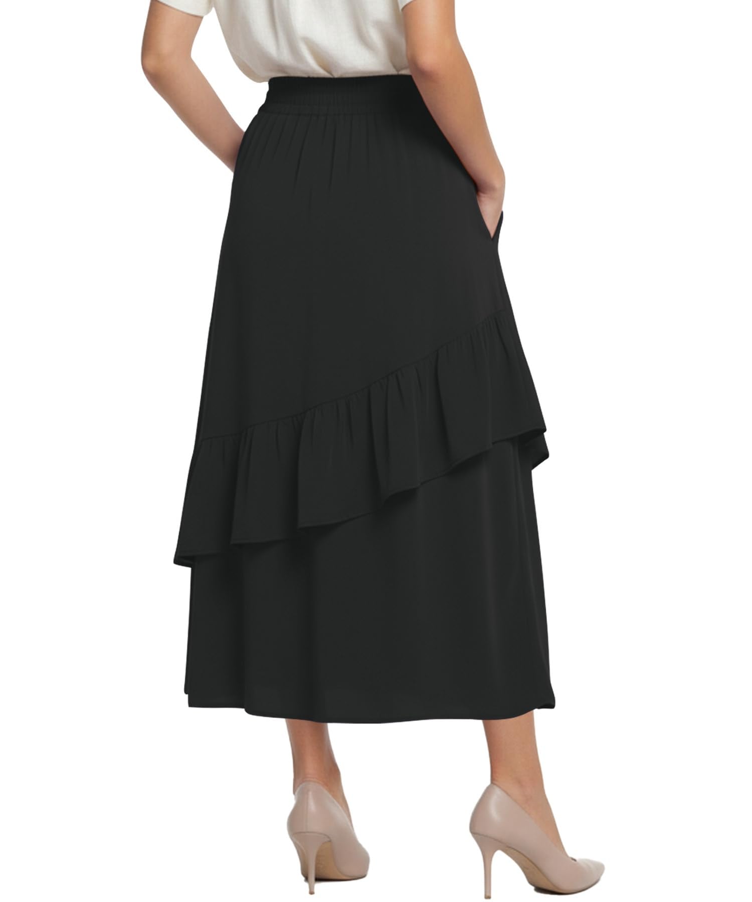 High Waisted Elastic A Line Maxi Skirt, Flowy Long Skirt with Pockets for Summer Beach