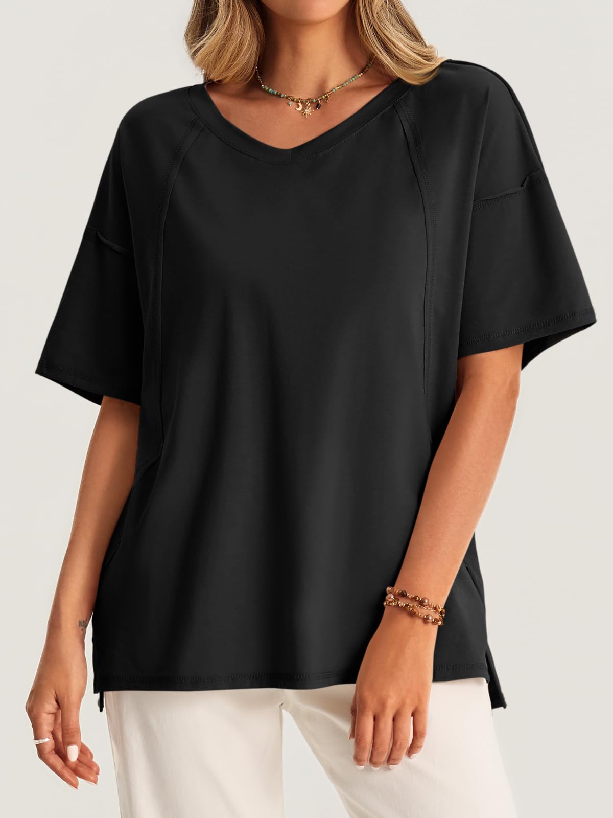 V-Neck Oversized Tunic Tee – Side Split, Relaxed Fit, Summer Essential