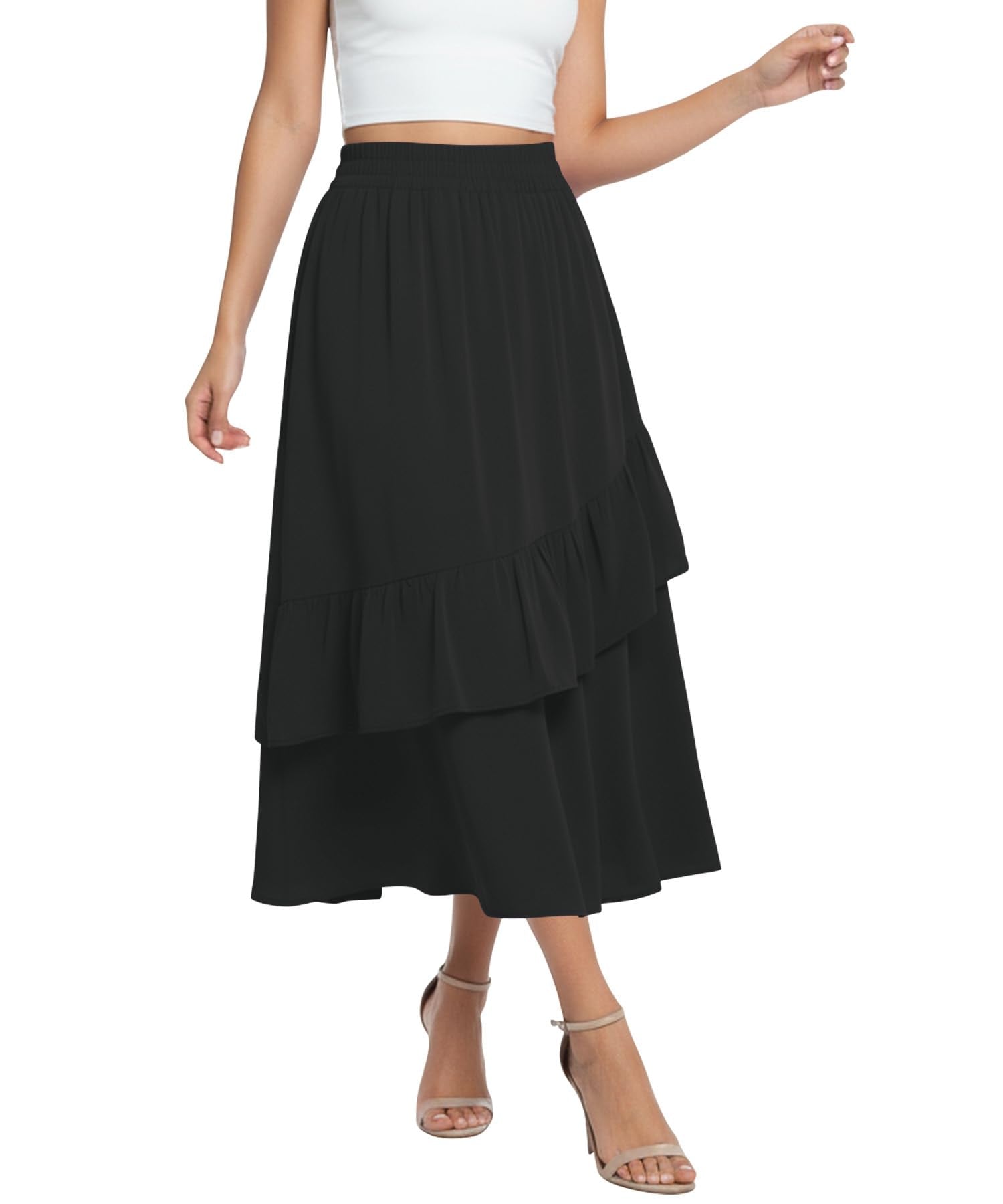 High Waisted Elastic A Line Maxi Skirt, Flowy Long Skirt with Pockets for Summer Beach