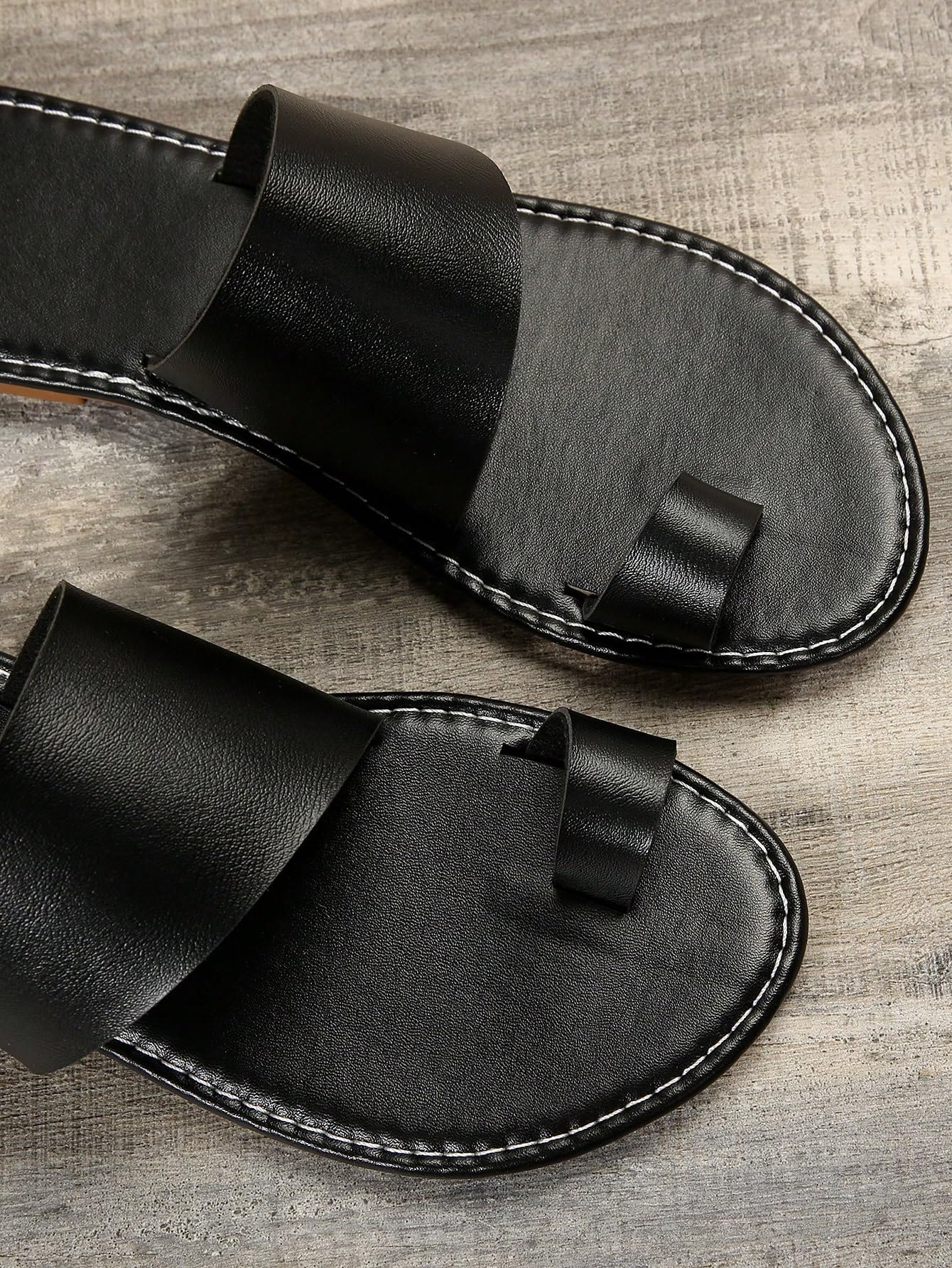 Toe Ring Open Toe Leather Flat Sandals, Strappy Non Slip Slides for Beach Outdoor