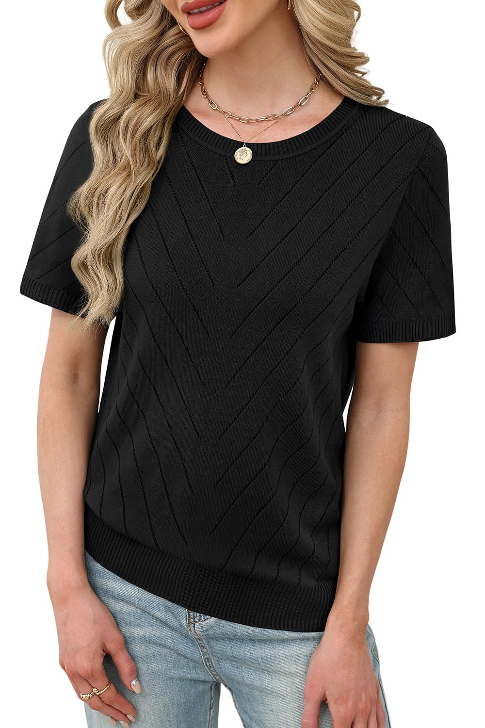 Short Sleeve Crew Neck Sweater, Lightweight Viscose Knit for Business Casual Summer