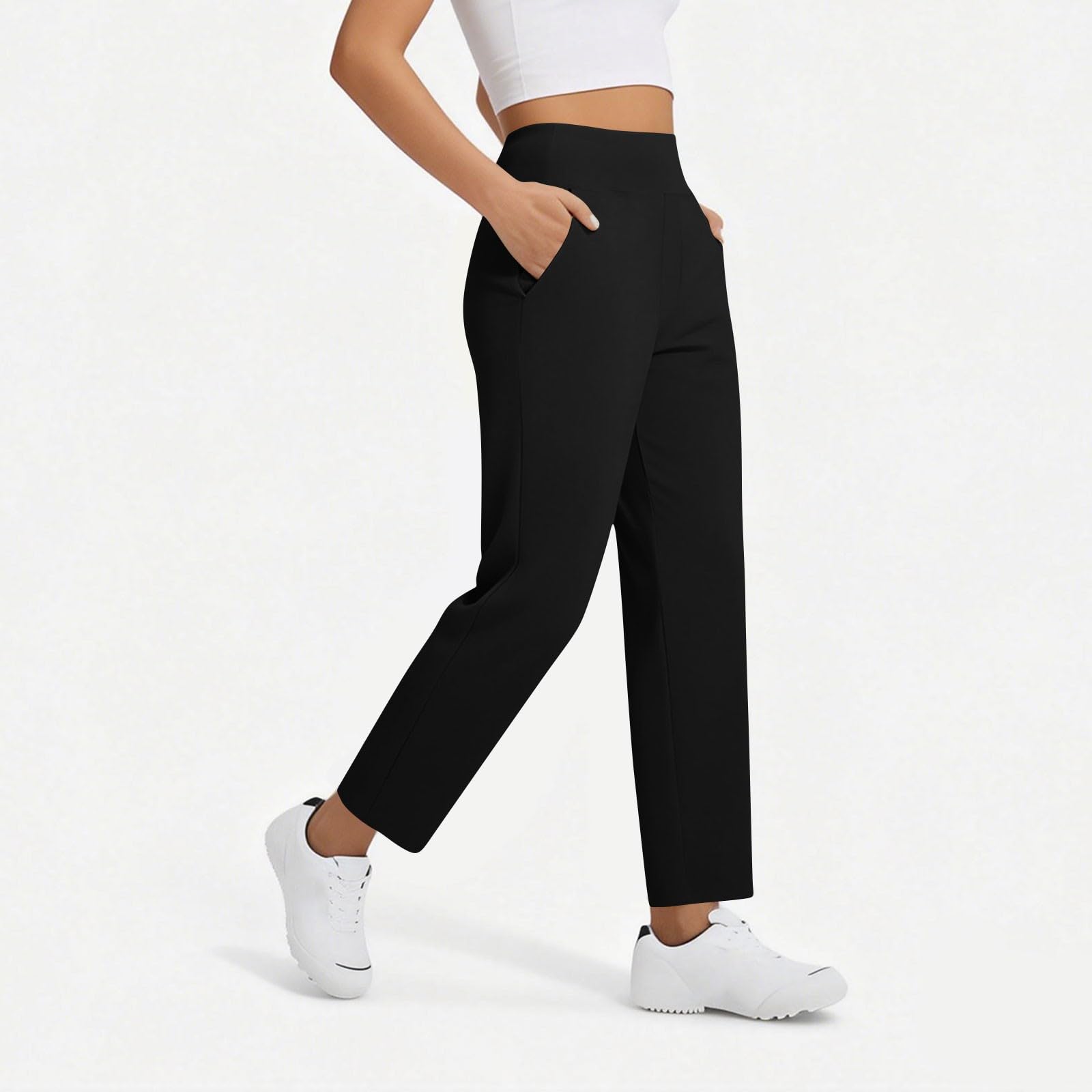 7/8 High Waisted Stretch Ankle Pants, Golf Work Trousers with Zippered Pockets Business Casual