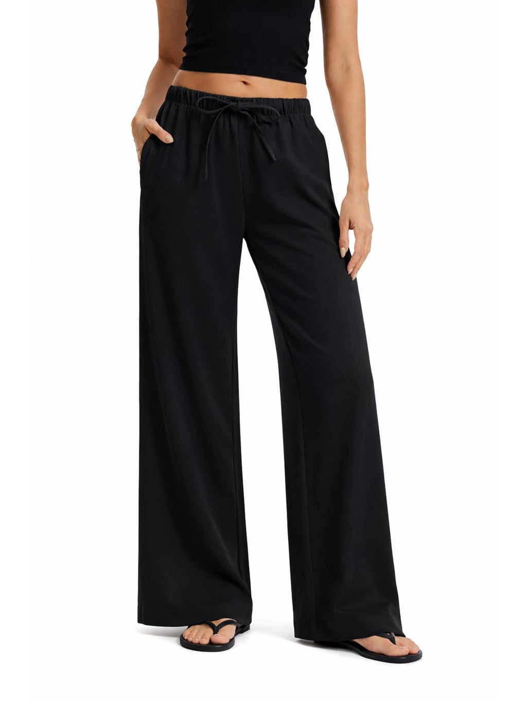 High Waisted Wide Leg Crepe Pants, Pull On Wrinkle Free Trousers with Pockets for Work