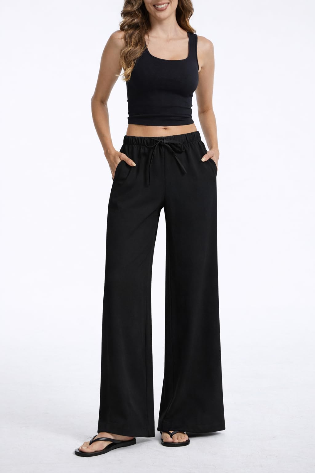High Waisted Wide Leg Crepe Pants, Pull On Wrinkle Free Trousers with Pockets for Work
