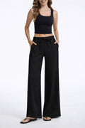 High Waisted Wide Leg Crepe Pants, Pull On Wrinkle Free Trousers with Pockets for Work