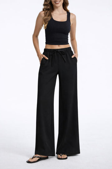 High Waisted Wide Leg Crepe Pants, Pull On Wrinkle Free Trousers with Pockets for Work