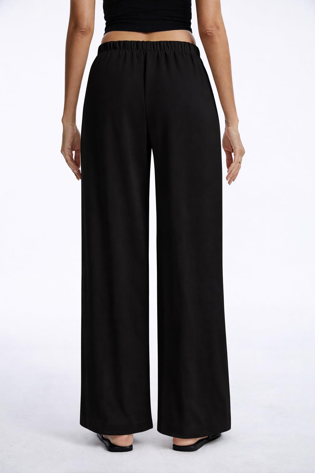 High Waisted Wide Leg Crepe Pants, Pull On Wrinkle Free Trousers with Pockets for Work