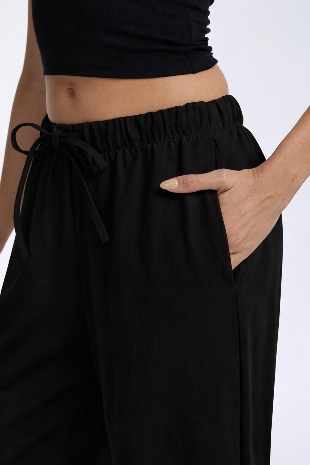 High Waisted Wide Leg Crepe Pants, Pull On Wrinkle Free Trousers with Pockets for Work