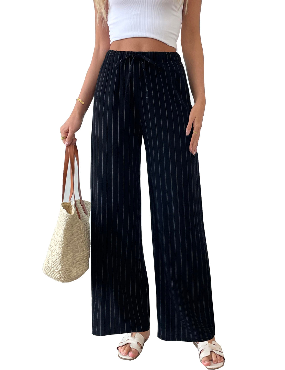 Striped Linen Blend Wide Leg Pants, High Waisted Drawstring Lounge Trousers with Pockets