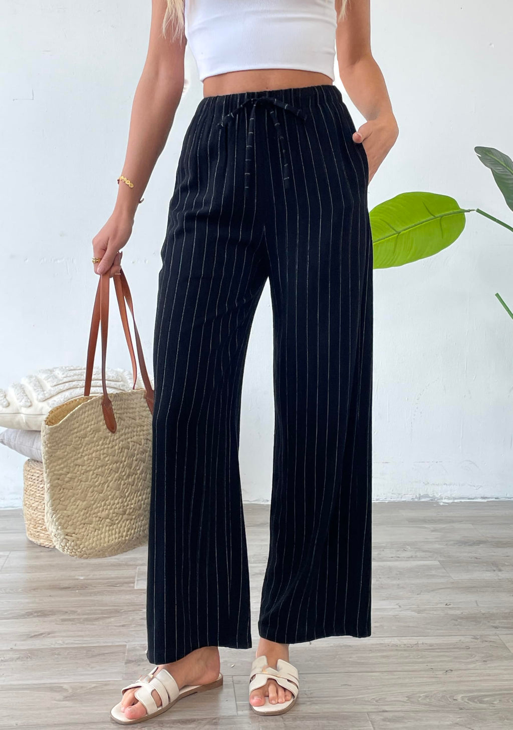 Striped Linen Blend Wide Leg Pants, High Waisted Drawstring Lounge Trousers with Pockets