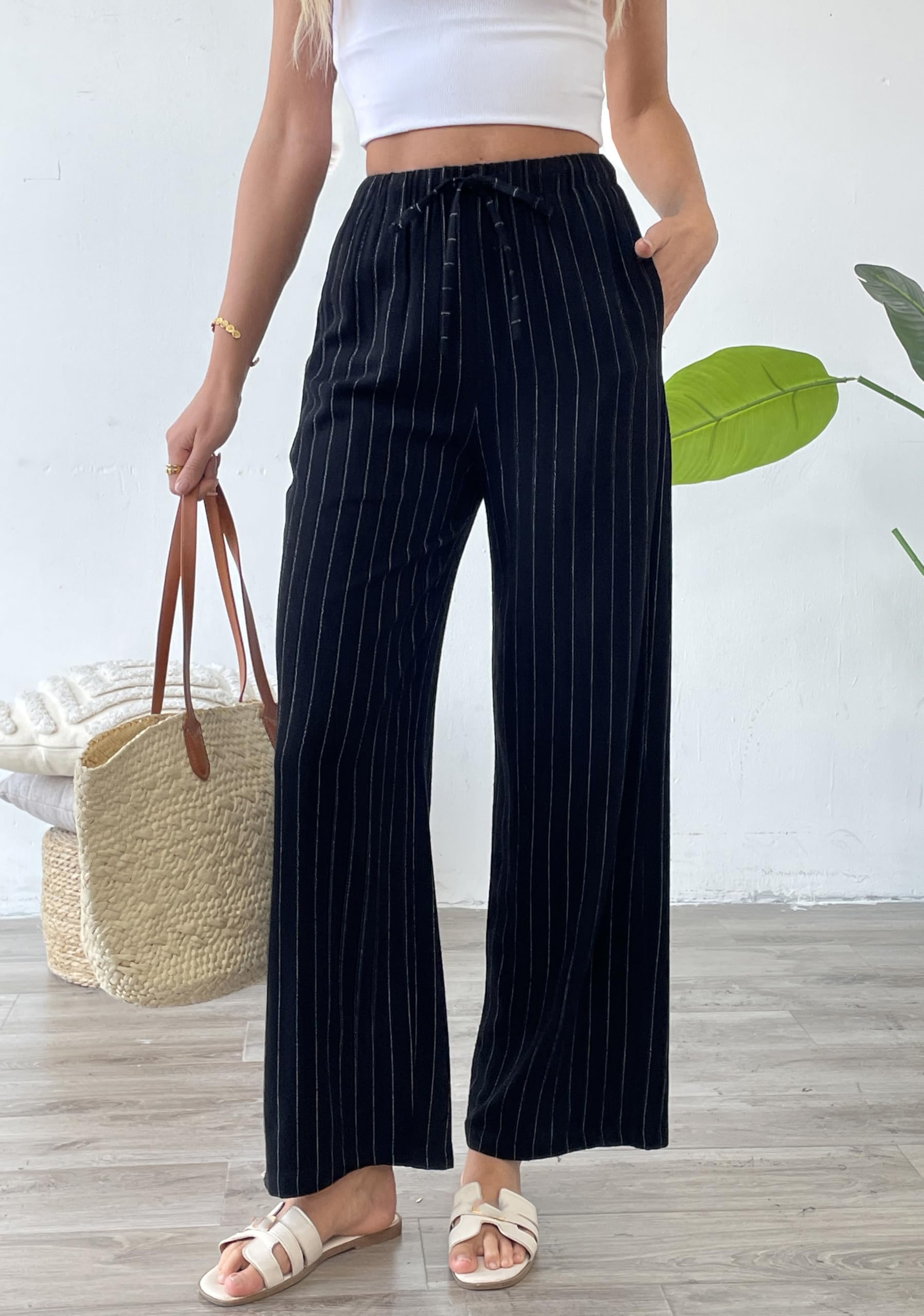 Striped Linen Blend Wide Leg Pants, High Waisted Drawstring Lounge Trousers with Pockets