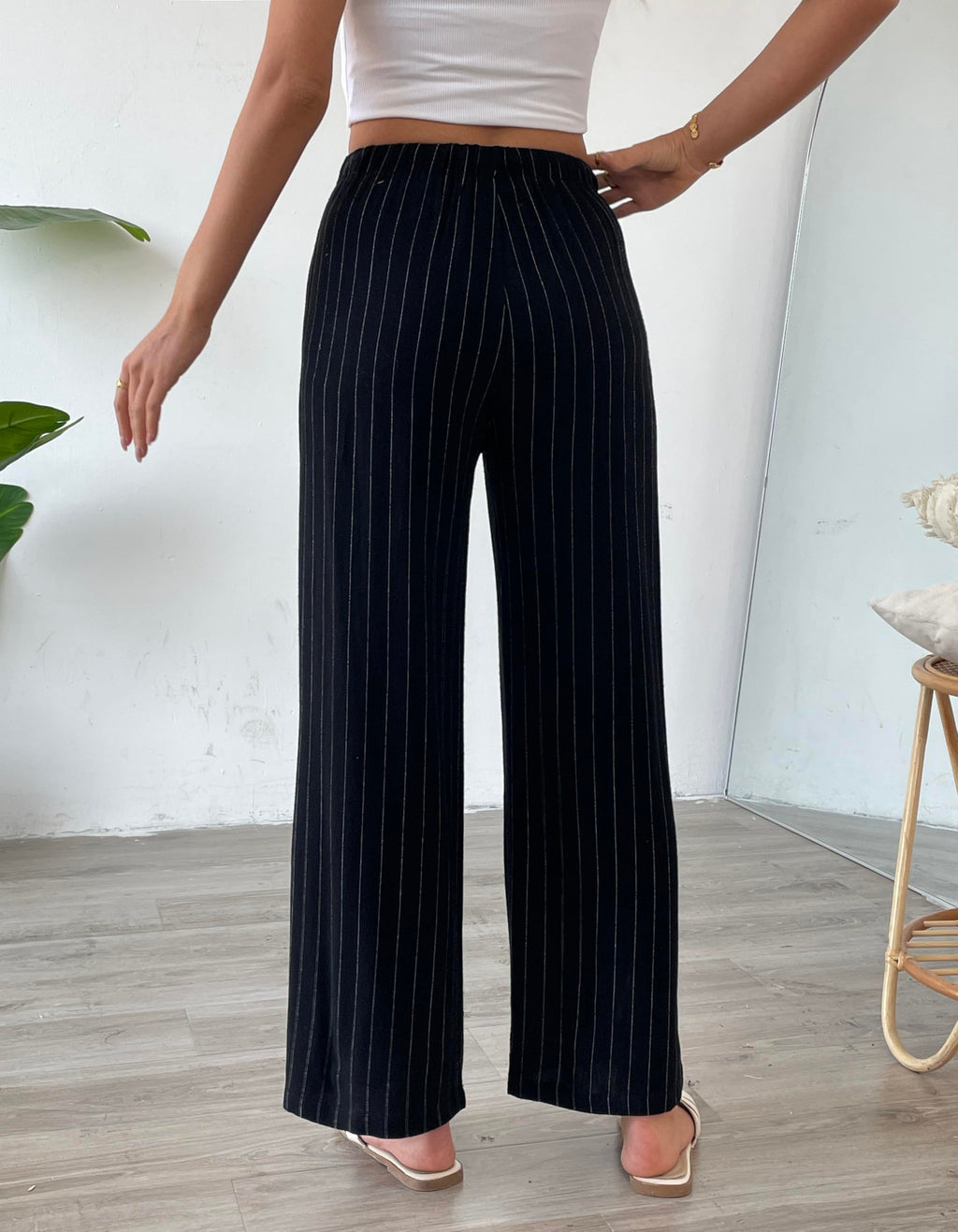 Striped Linen Blend Wide Leg Pants, High Waisted Drawstring Lounge Trousers with Pockets