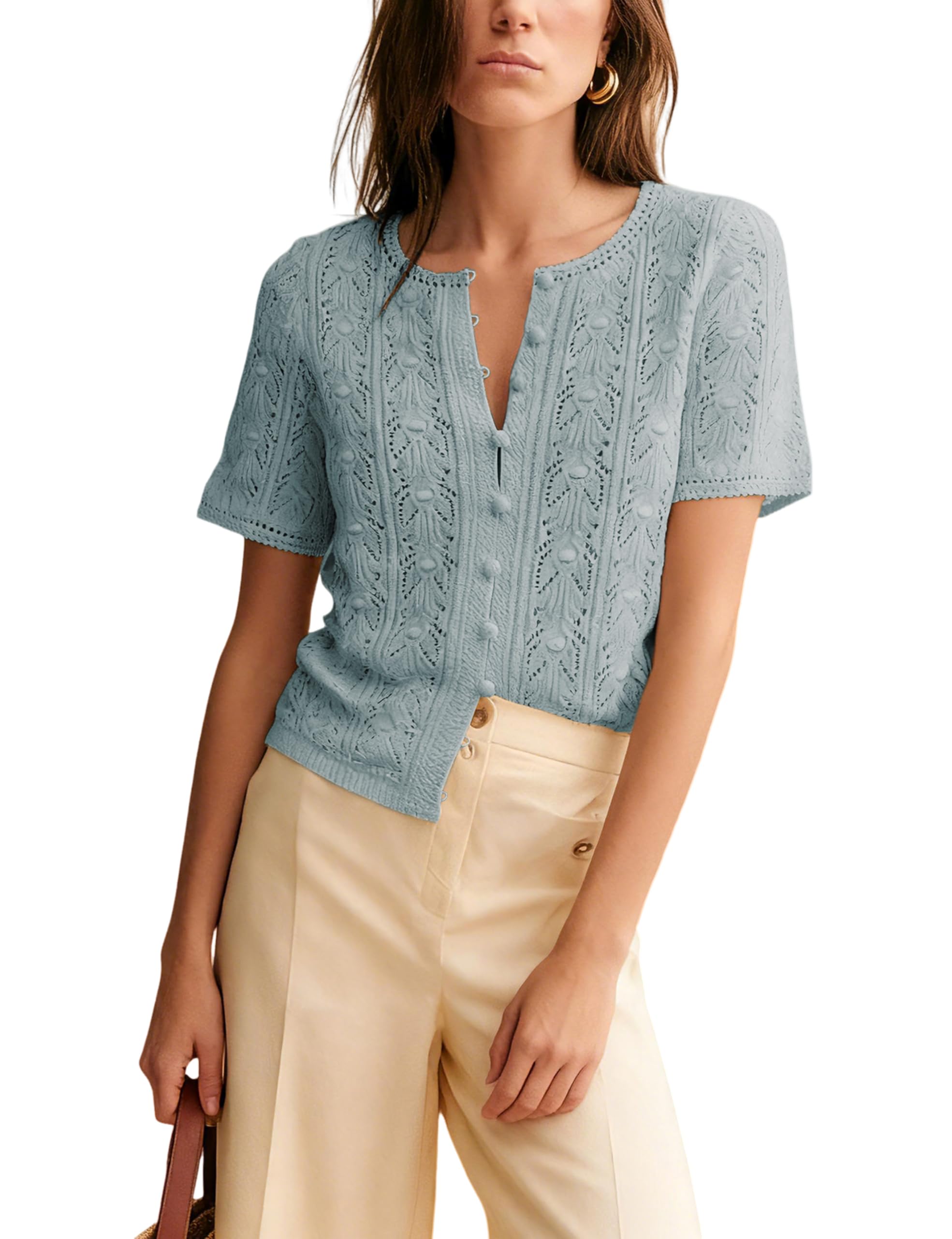 Short Sleeve Crochet Knit Cardigan, Lightweight Button Down Hollow Out Sweater Top