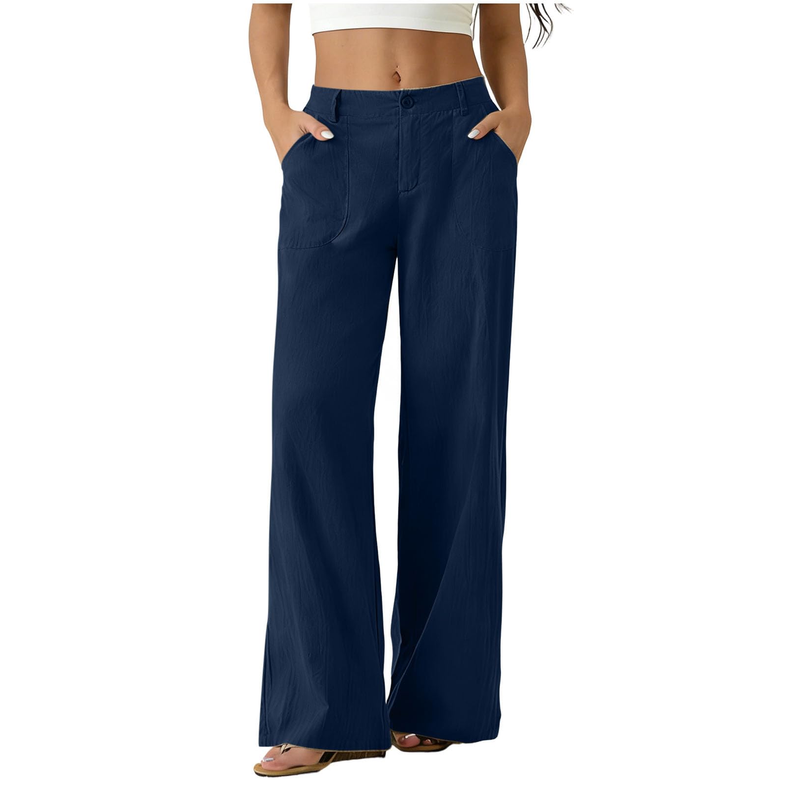 High Waist Straight Leg Linen Trousers, Wide Leg Casual Business Pants with Pockets