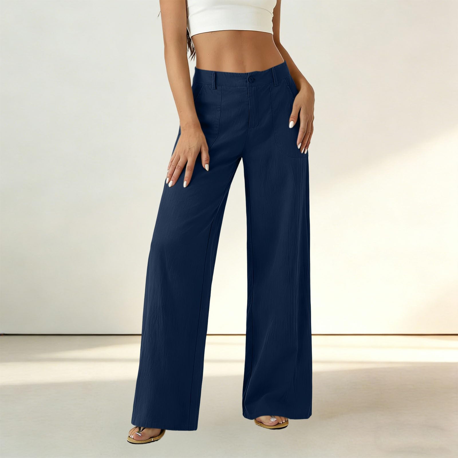High Waist Straight Leg Linen Trousers, Wide Leg Casual Business Pants with Pockets