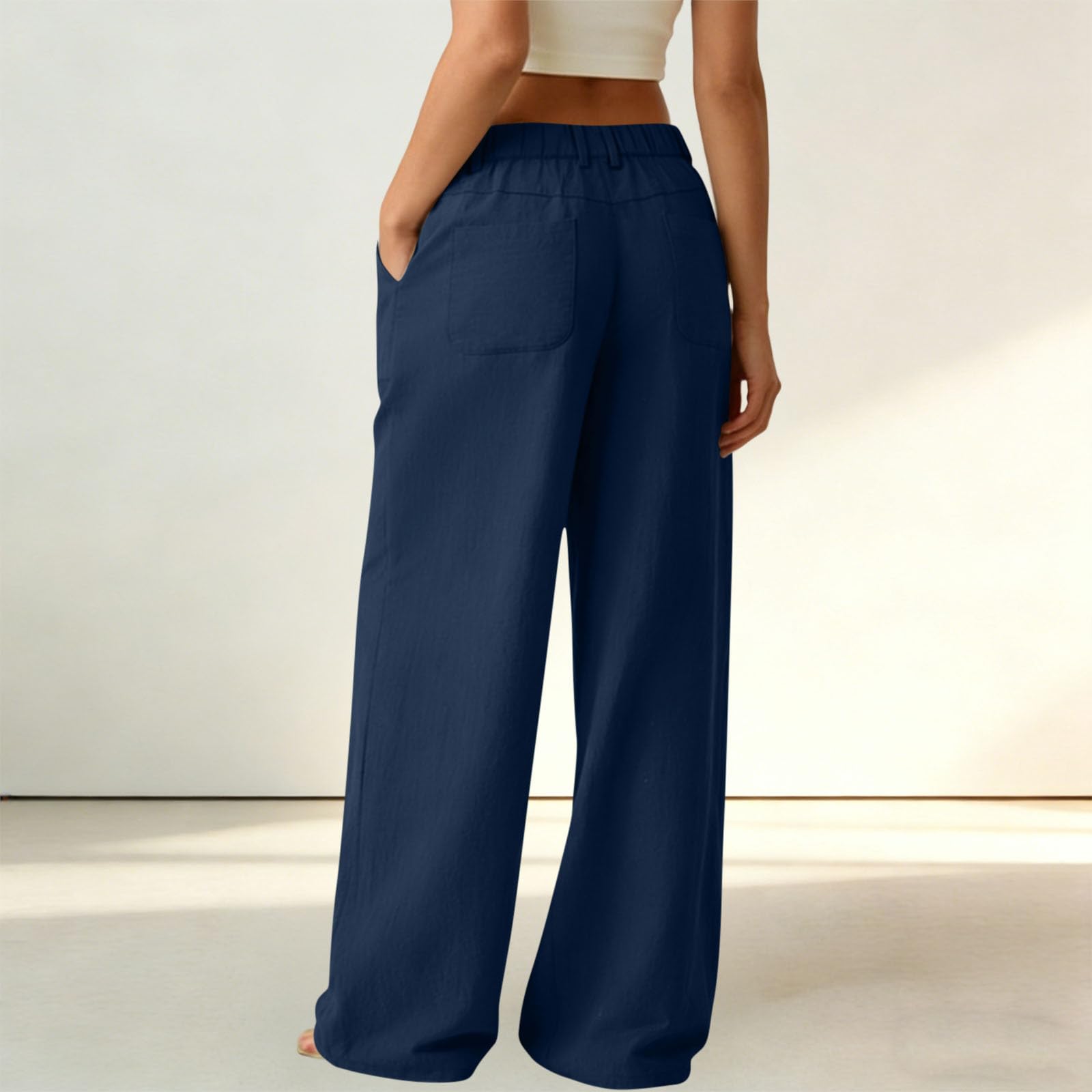 High Waist Straight Leg Linen Trousers, Wide Leg Casual Business Pants with Pockets