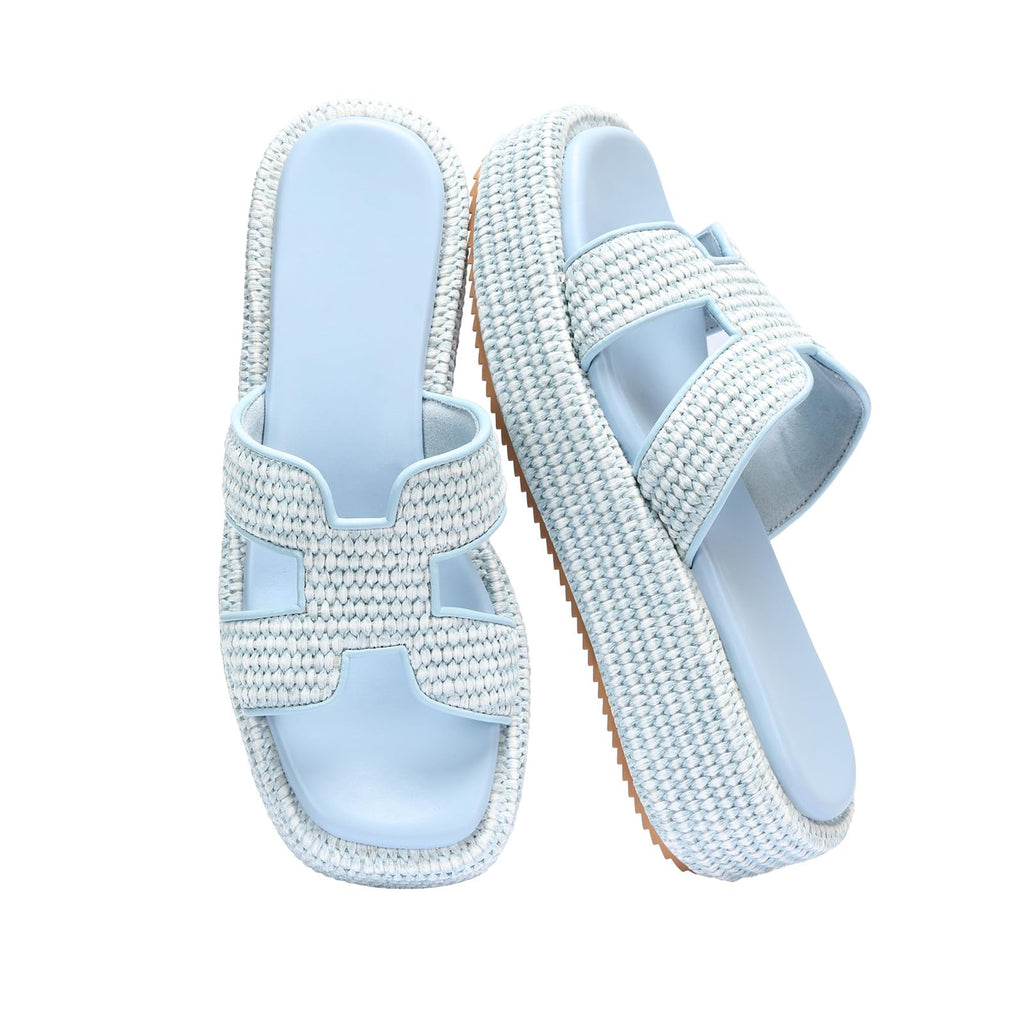 Raffia Platform Slide Sandals, Woven Straw Espadrille Wedges for Summer Beach Vacation
