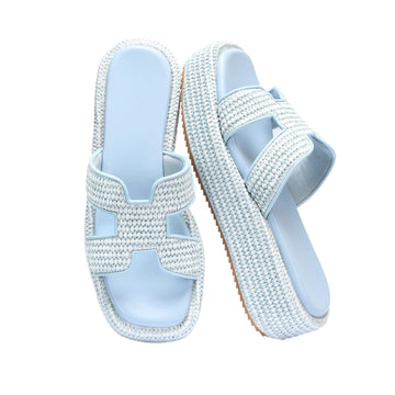 Raffia Platform Slide Sandals, Woven Straw Espadrille Wedges for Summer Beach Vacation