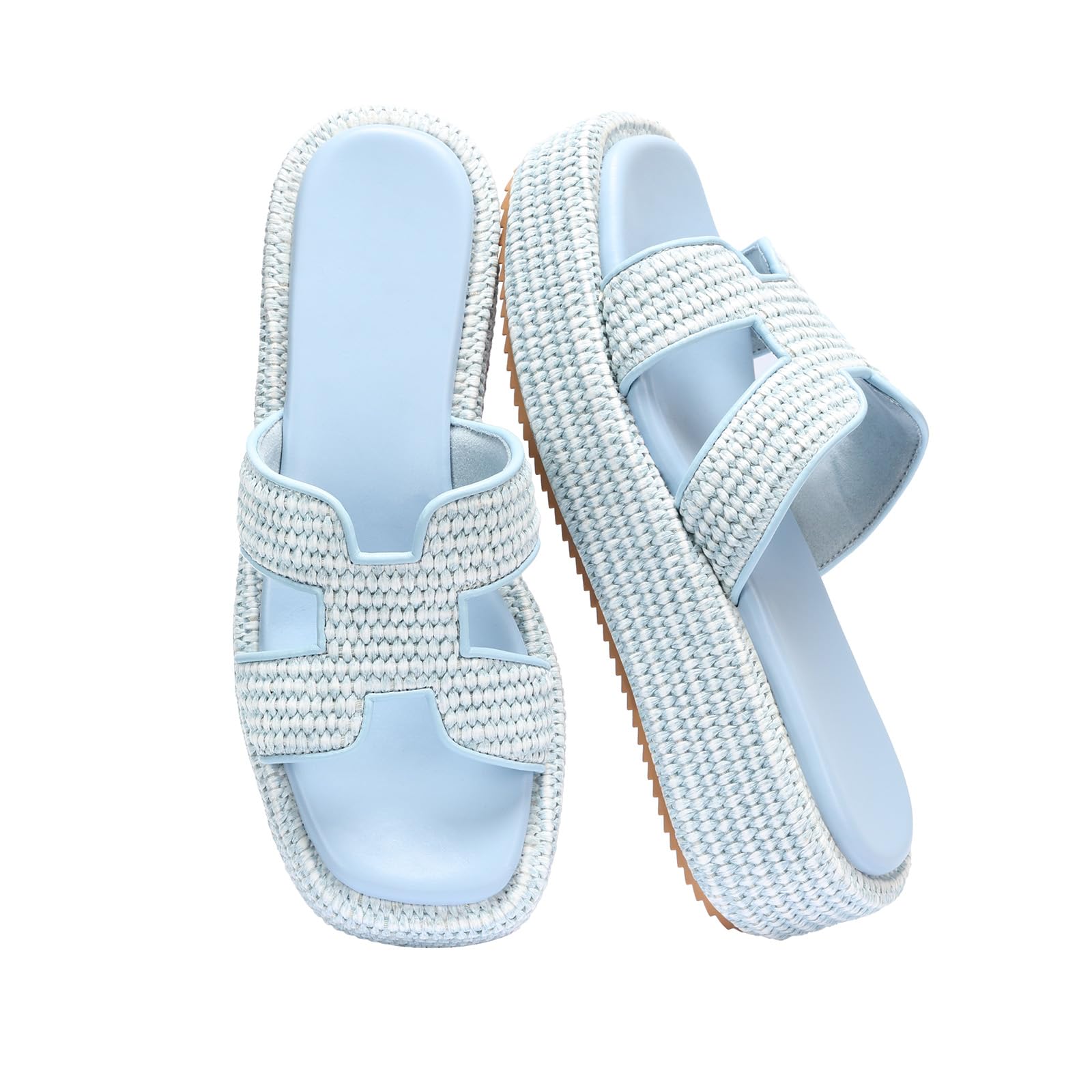 Raffia Platform Slide Sandals, Woven Straw Espadrille Wedges for Summer Beach Vacation
