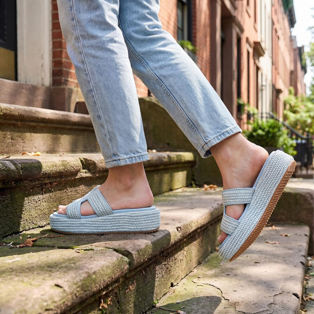 Raffia Platform Slide Sandals, Woven Straw Espadrille Wedges for Summer Beach Vacation