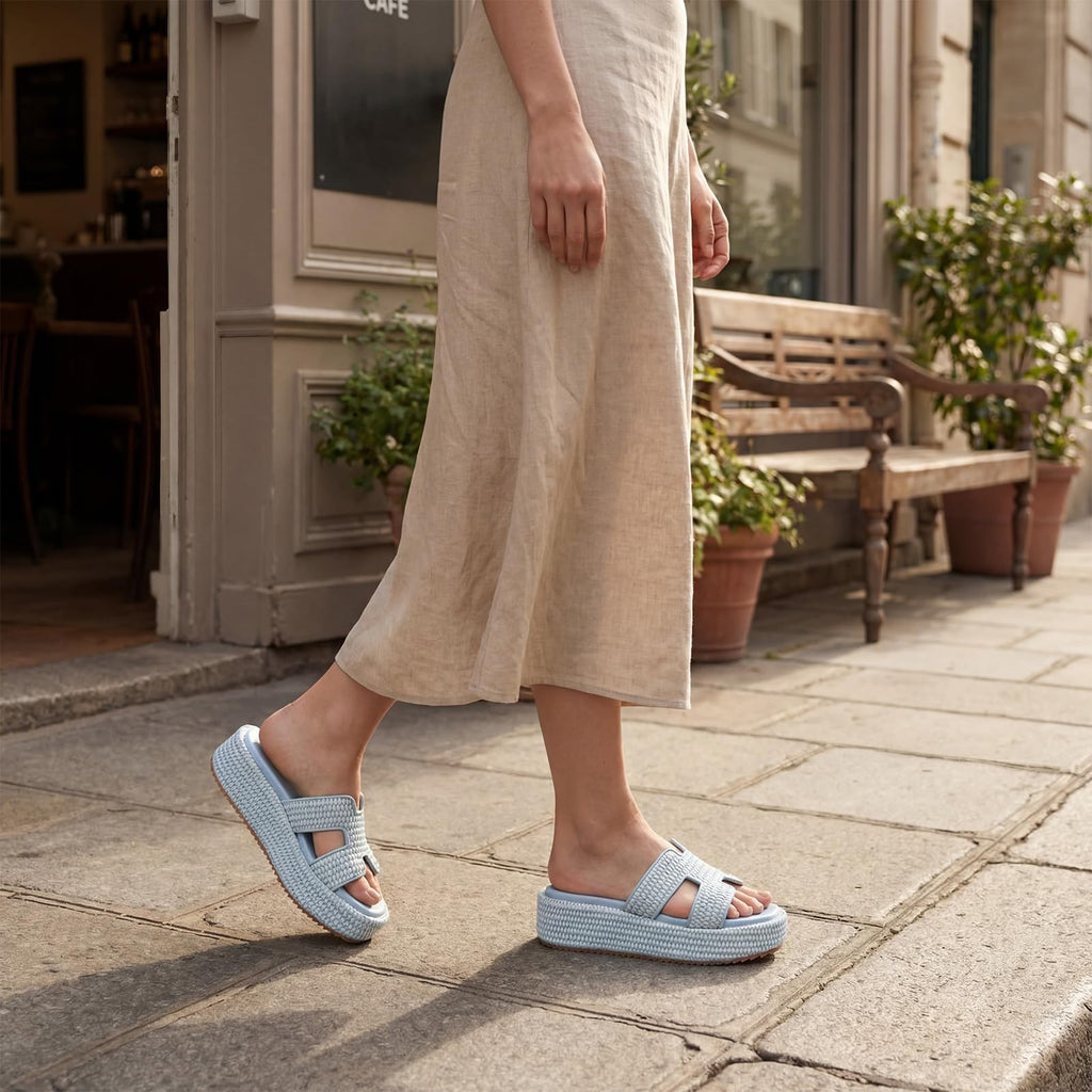 Raffia Platform Slide Sandals, Woven Straw Espadrille Wedges for Summer Beach Vacation