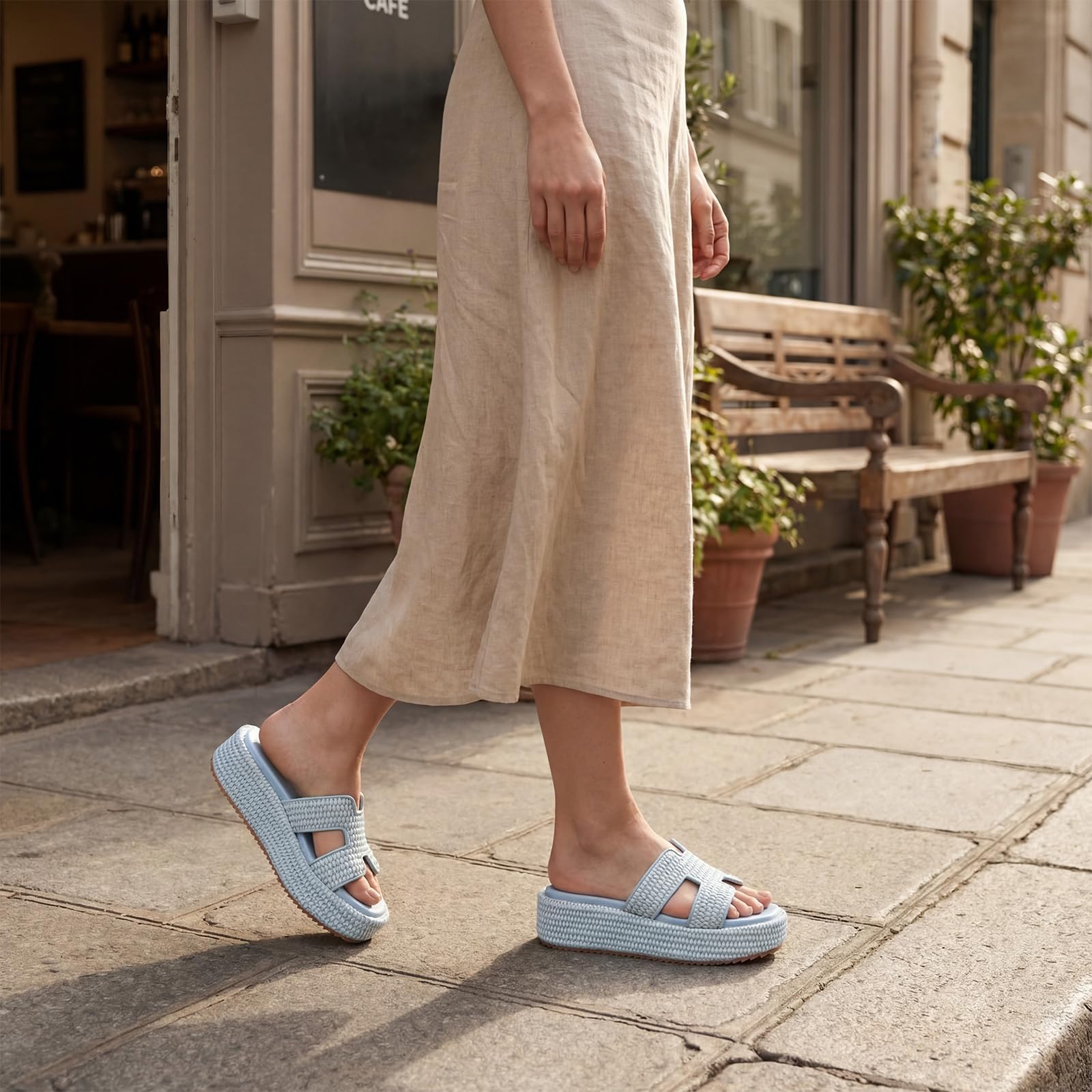 Raffia Platform Slide Sandals, Woven Straw Espadrille Wedges for Summer Beach Vacation