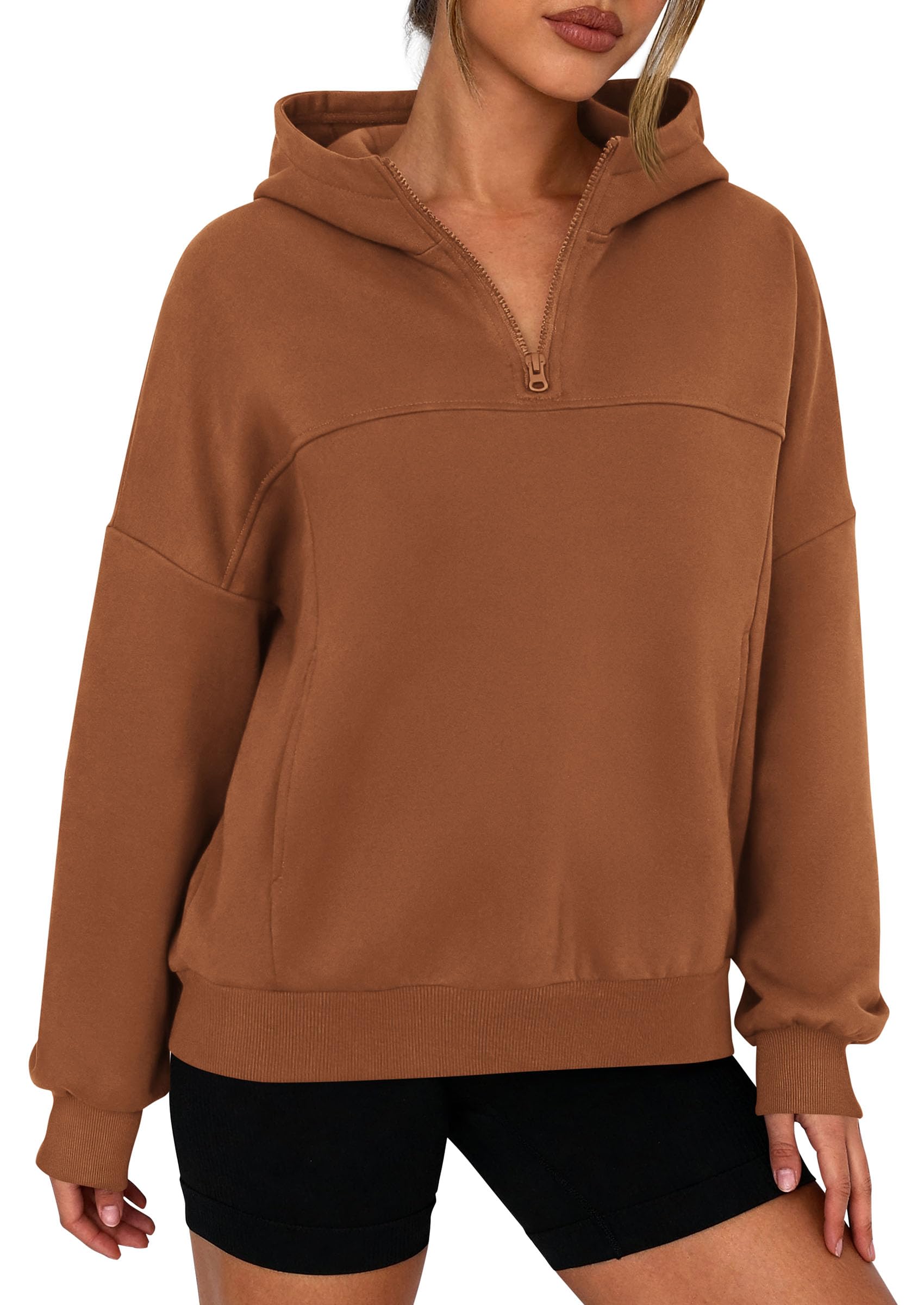Cropped Quarter Zip Fleece Sweatshirt, Long Sleeve Hoodie with Kangaroo Pocket for Fall Winter