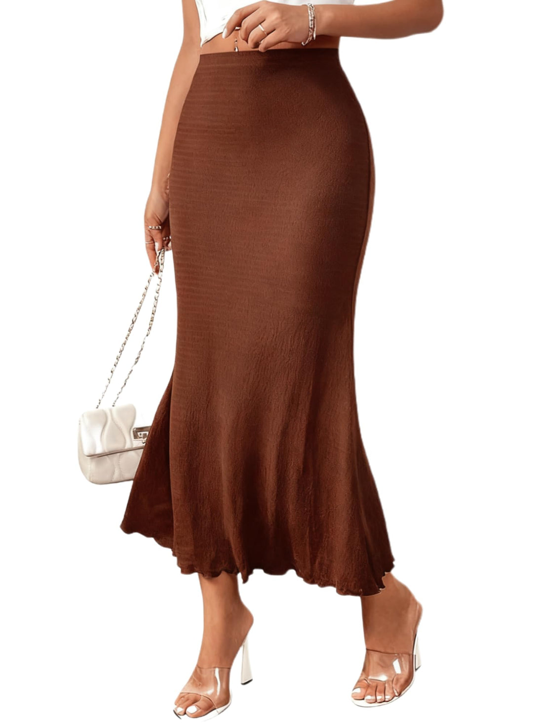 Mermaid Ribbed Knit Bodycon Skirt, High Waisted Fishtail Midi Long Skirt