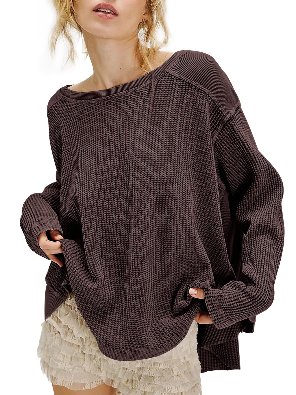 Waffle Knit Oversized Sweatshirt, Long Sleeve Crew Neck Pullover for Spring Fall