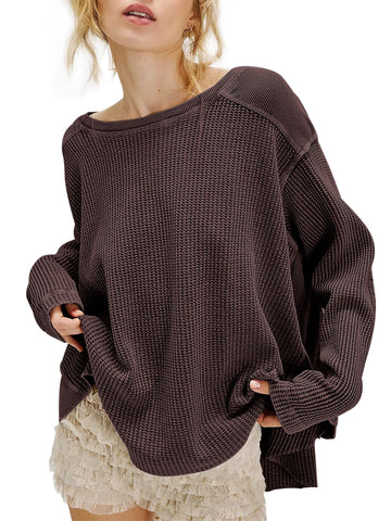Waffle Knit Oversized Sweatshirt, Long Sleeve Crew Neck Pullover for Spring Fall