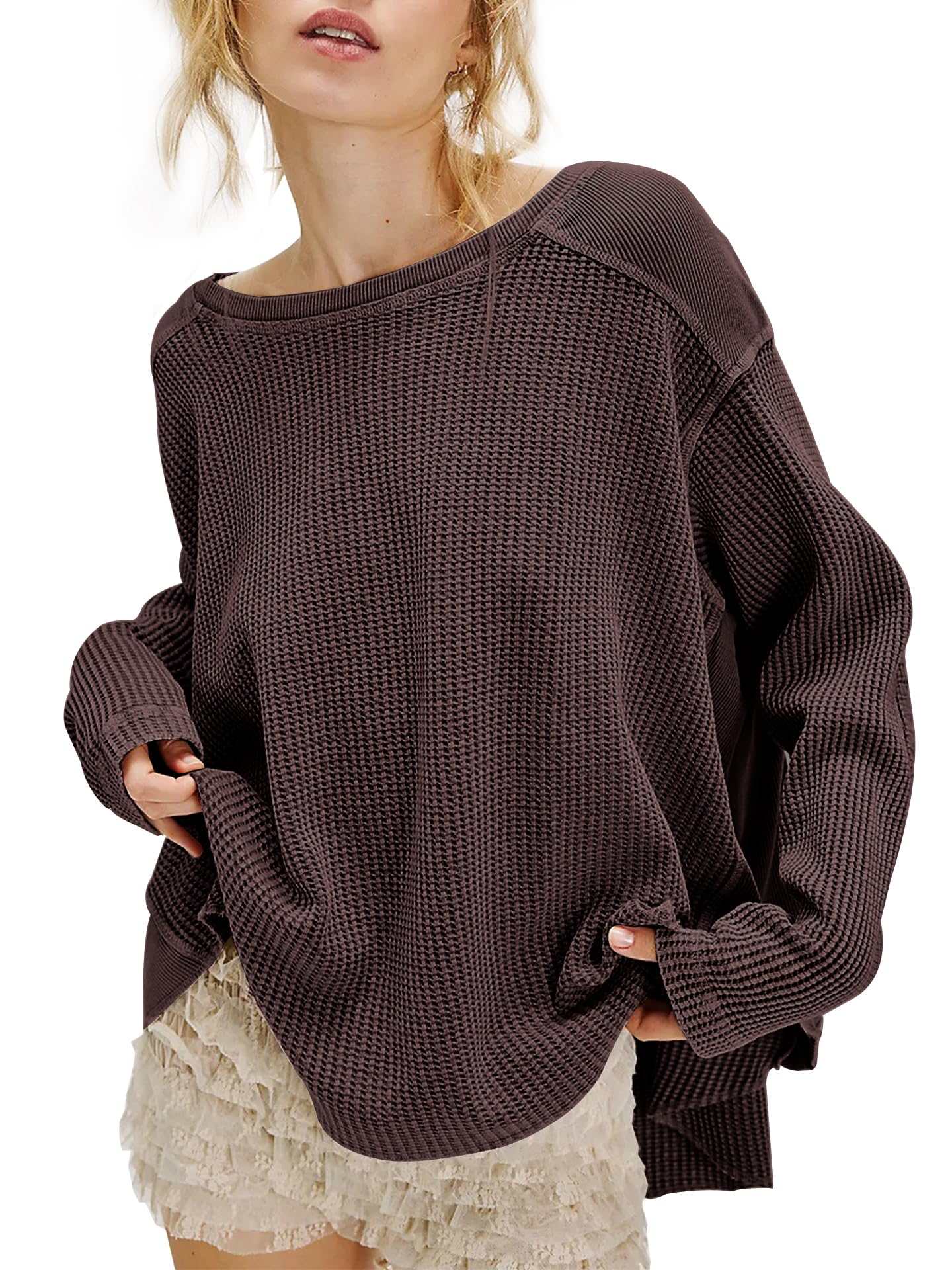 Waffle Knit Oversized Sweatshirt, Long Sleeve Crew Neck Pullover for Spring Fall