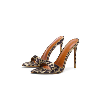 Stiletto Leopard Print High Heeled Sandals, Pointed Toe Satin Mule Heels