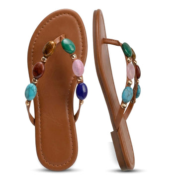 Jewelled Thong Strap Flip Flops, Open Round Toe Comfy Slip On Sandals for Summer Beach