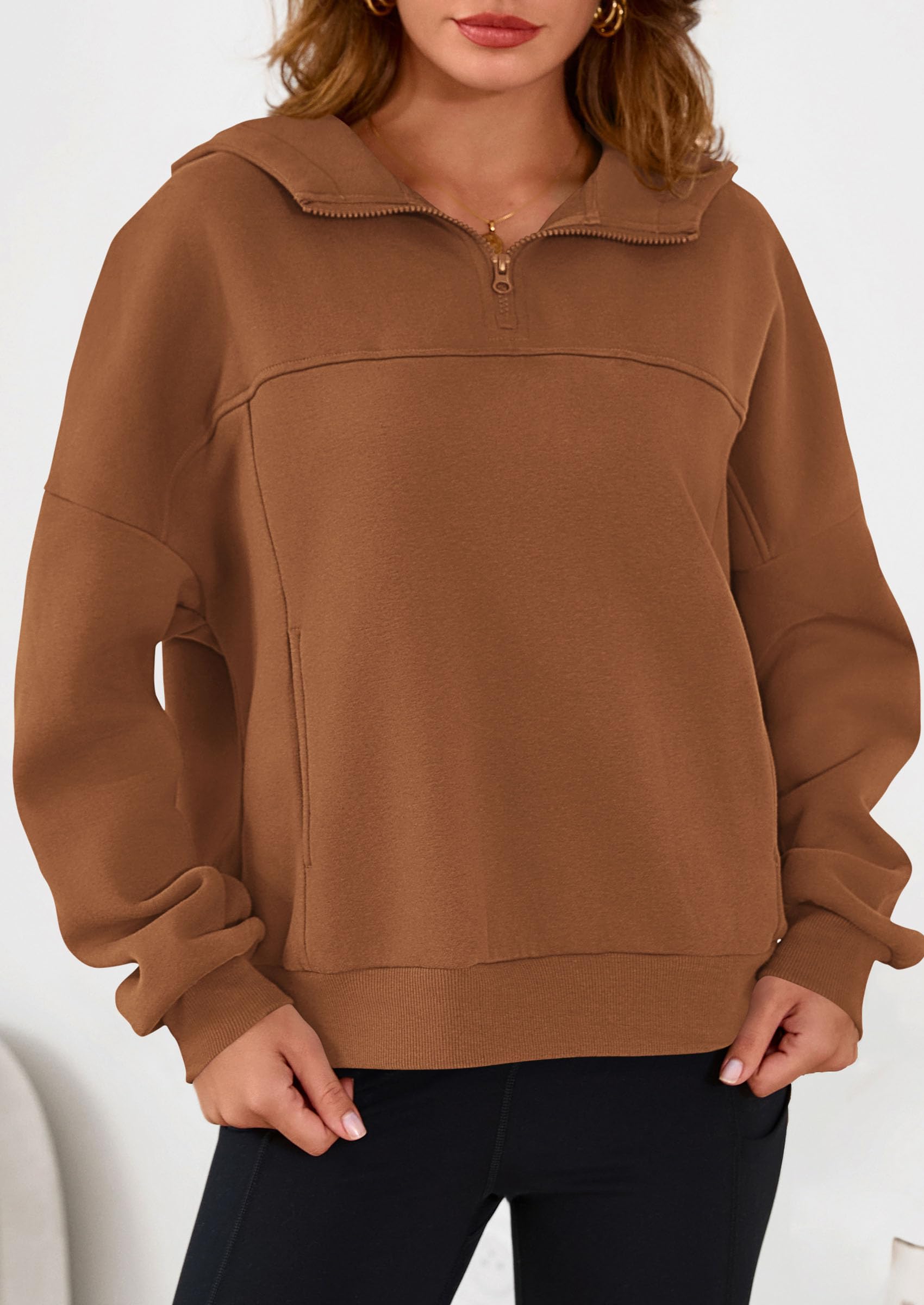Cropped Quarter Zip Fleece Sweatshirt, Long Sleeve Hoodie with Kangaroo Pocket for Fall Winter