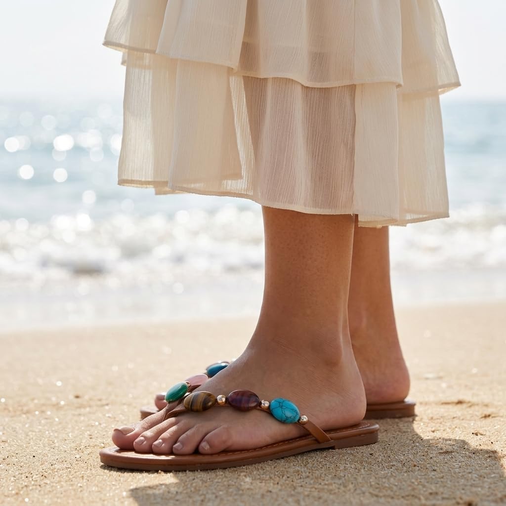 Jewelled Thong Strap Flip Flops, Open Round Toe Comfy Slip On Sandals for Summer Beach