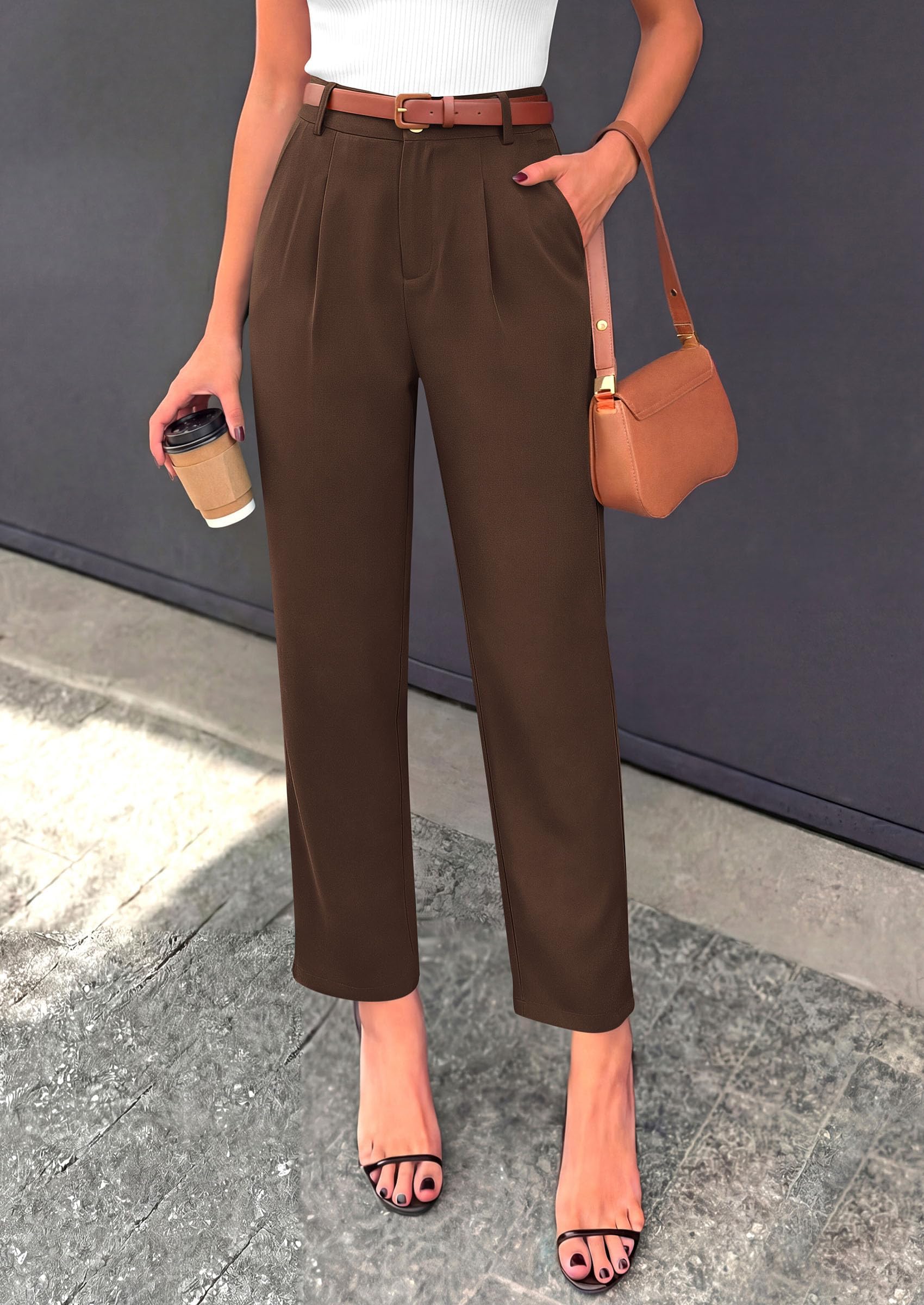Tapered High Waisted Ankle Pants, Elastic Waist Work Trousers with Pockets Business Casual