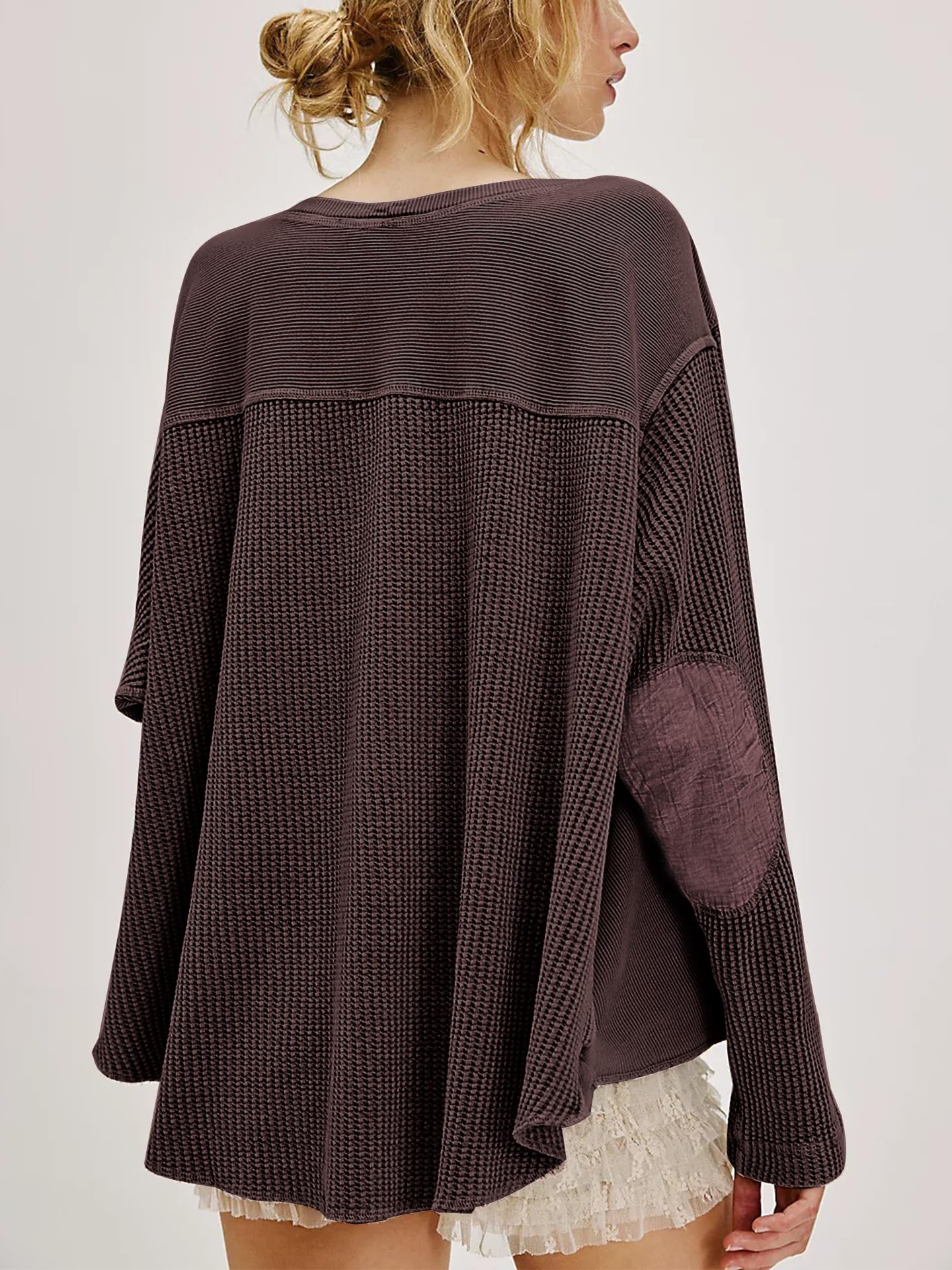 Waffle Knit Oversized Sweatshirt, Long Sleeve Crew Neck Pullover for Spring Fall