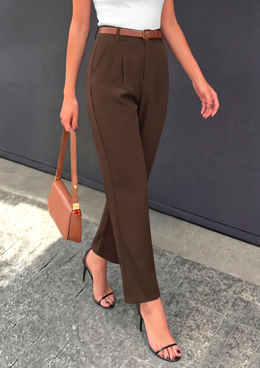 Tapered High Waisted Ankle Pants, Elastic Waist Work Trousers with Pockets Business Casual