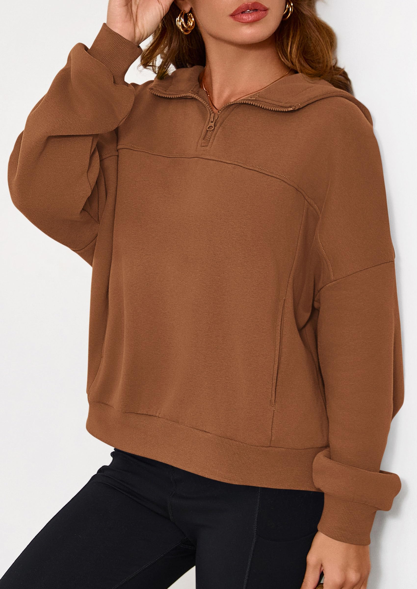 Cropped Quarter Zip Fleece Sweatshirt, Long Sleeve Hoodie with Kangaroo Pocket for Fall Winter