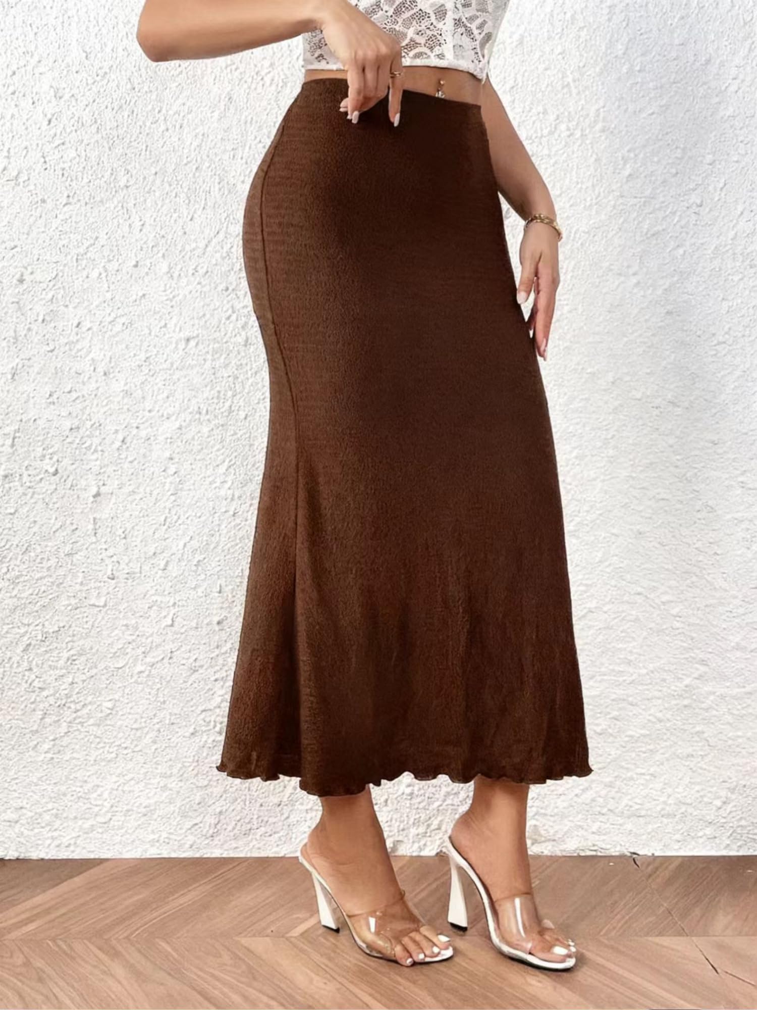 Mermaid Ribbed Knit Bodycon Skirt, High Waisted Fishtail Midi Long Skirt