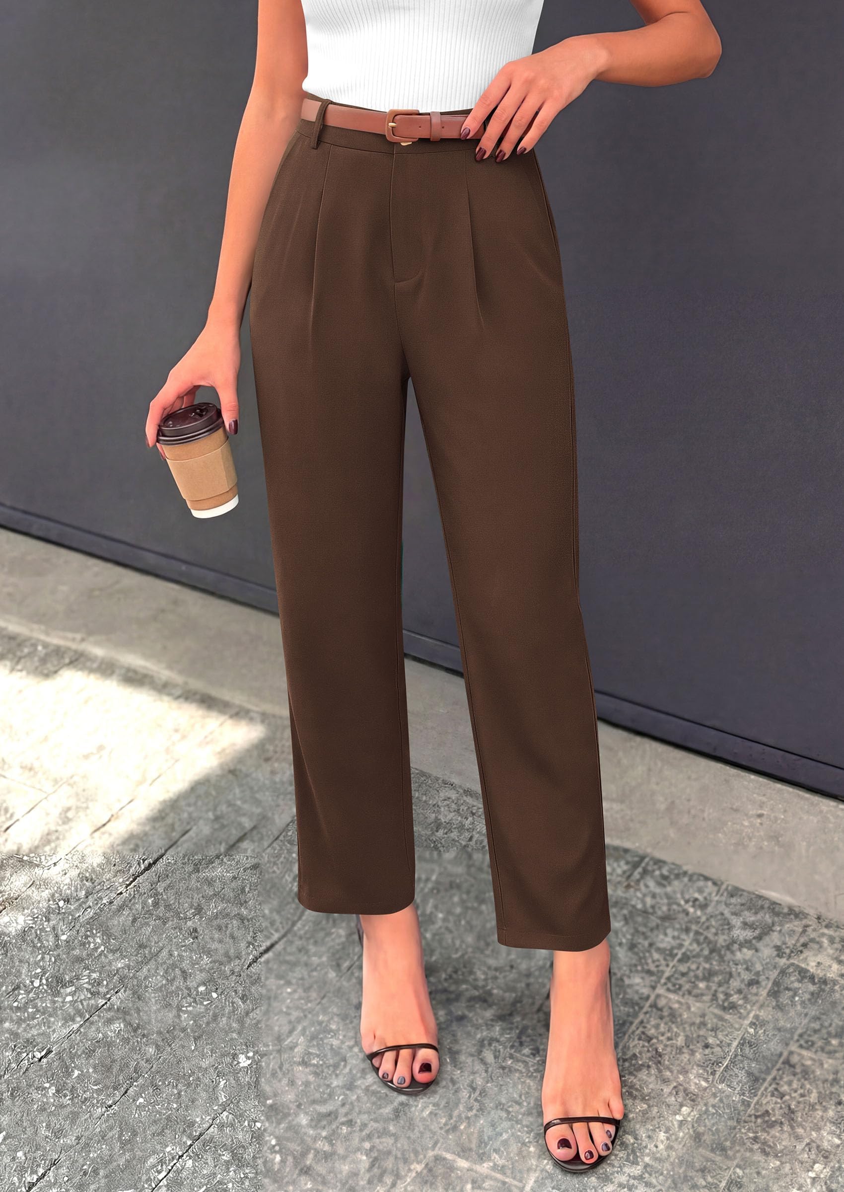 Tapered High Waisted Ankle Pants, Elastic Waist Work Trousers with Pockets Business Casual