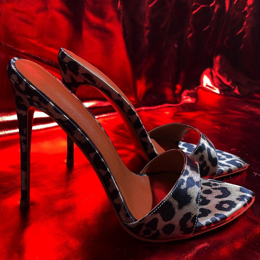 Stiletto Leopard Print High Heeled Sandals, Pointed Toe Satin Mule Heels
