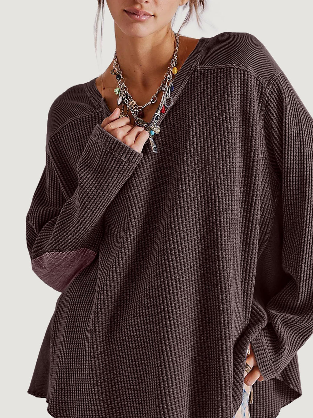 Waffle Knit Oversized Sweatshirt, Long Sleeve Crew Neck Pullover for Spring Fall